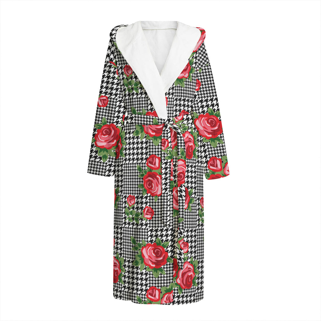 Red Roses Houndstooth Pattern Print Hooded Bathrobe