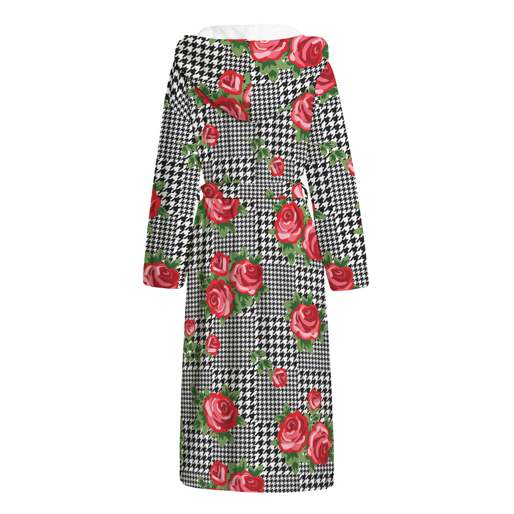 Red Roses Houndstooth Pattern Print Hooded Bathrobe