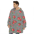 Red Roses Houndstooth Pattern Print Hoodie Blanket