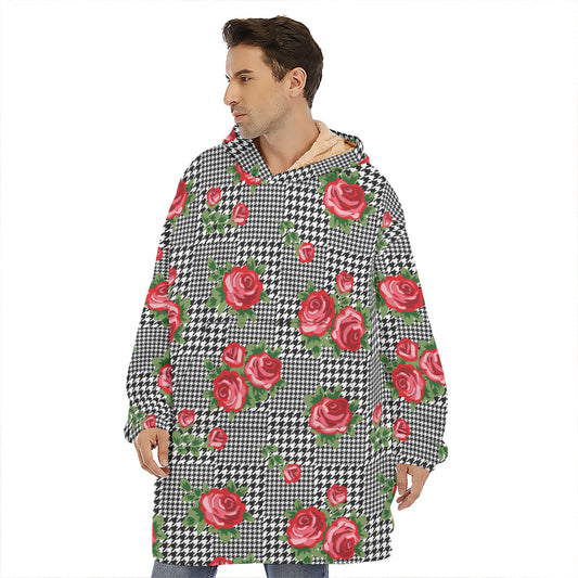 Red Roses Houndstooth Pattern Print Hoodie Blanket