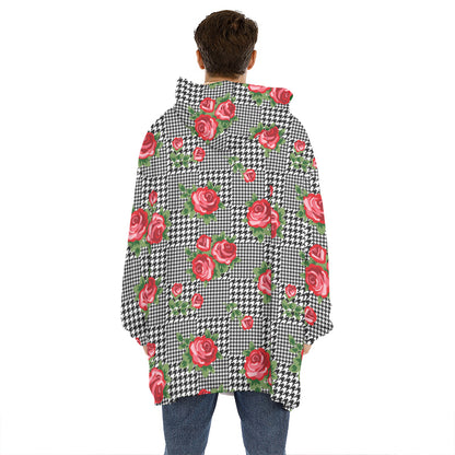 Red Roses Houndstooth Pattern Print Hoodie Blanket