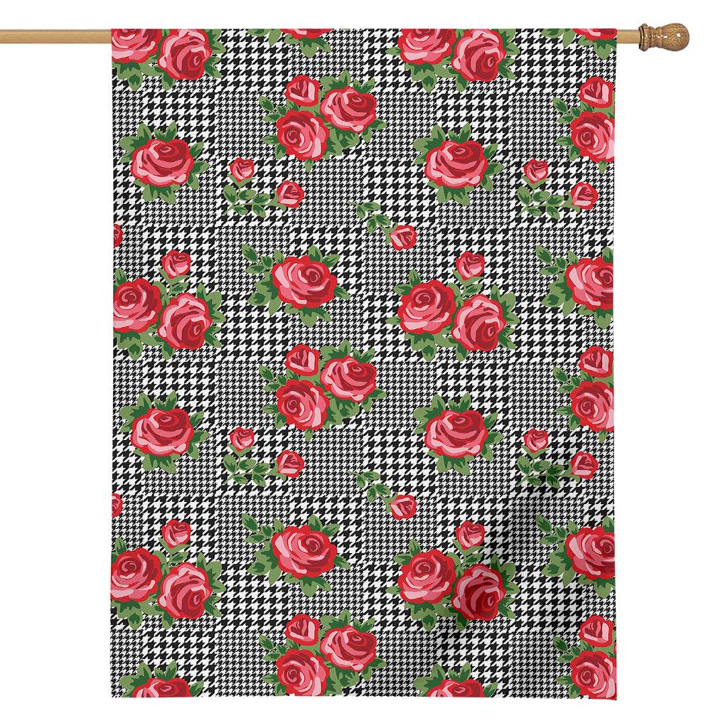 Red Roses Houndstooth Pattern Print House Flag