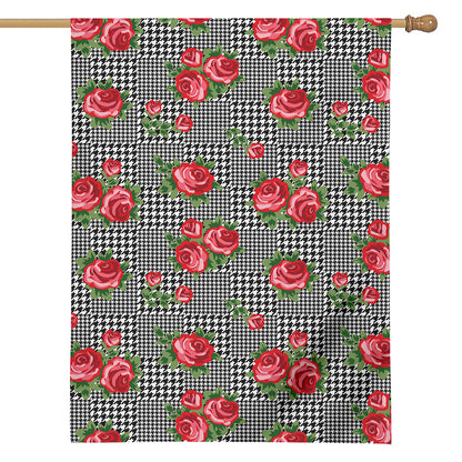 Red Roses Houndstooth Pattern Print House Flag
