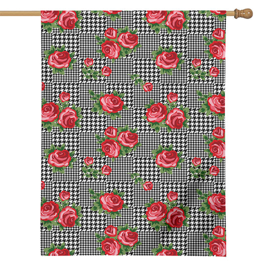 Red Roses Houndstooth Pattern Print House Flag