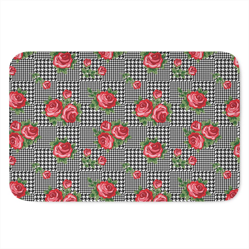 Red Roses Houndstooth Pattern Print Indoor Door Mat
