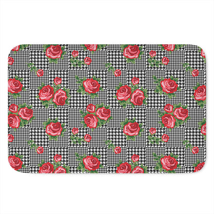 Red Roses Houndstooth Pattern Print Indoor Door Mat
