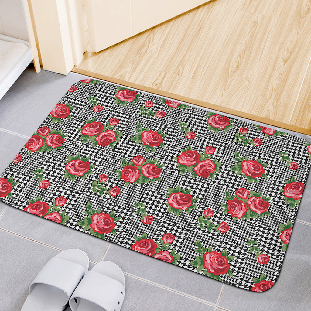 Red Roses Houndstooth Pattern Print Indoor Door Mat