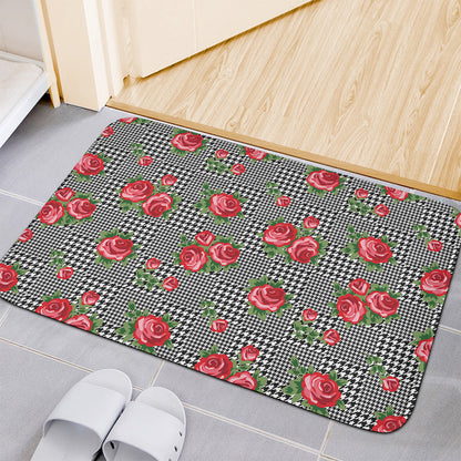 Red Roses Houndstooth Pattern Print Indoor Door Mat