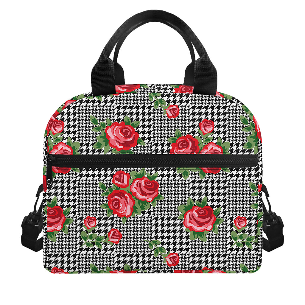 Red Roses Houndstooth Pattern Print Insulated Lunch Bag