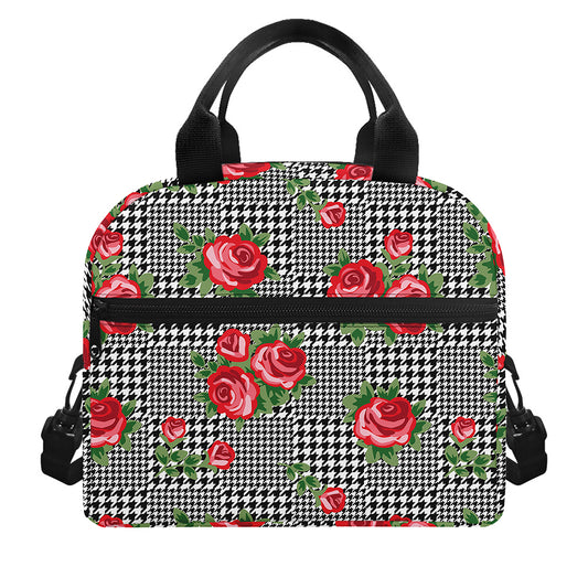 Red Roses Houndstooth Pattern Print Insulated Lunch Bag