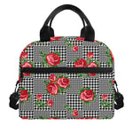 Red Roses Houndstooth Pattern Print Insulated Lunch Bag
