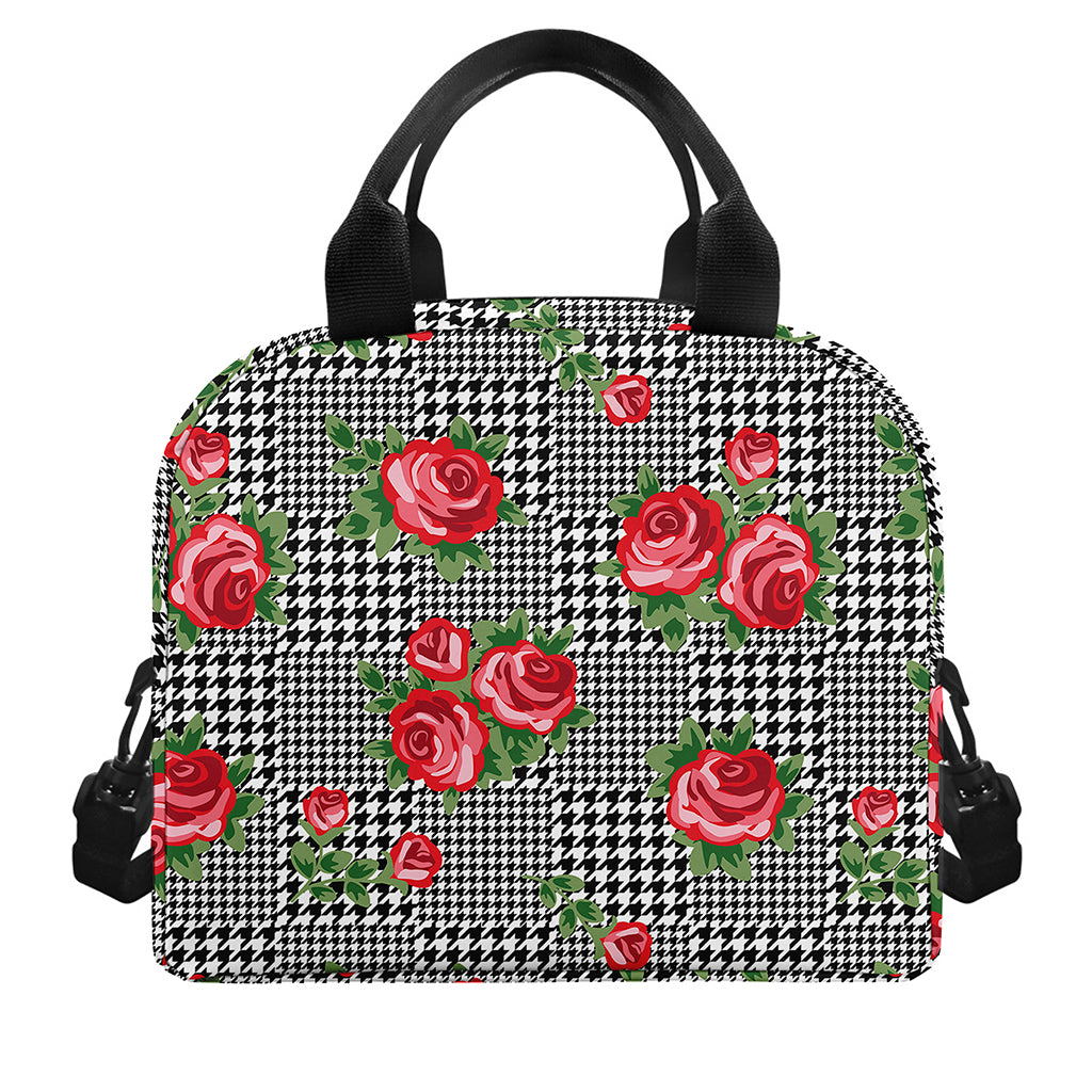Red Roses Houndstooth Pattern Print Insulated Lunch Bag