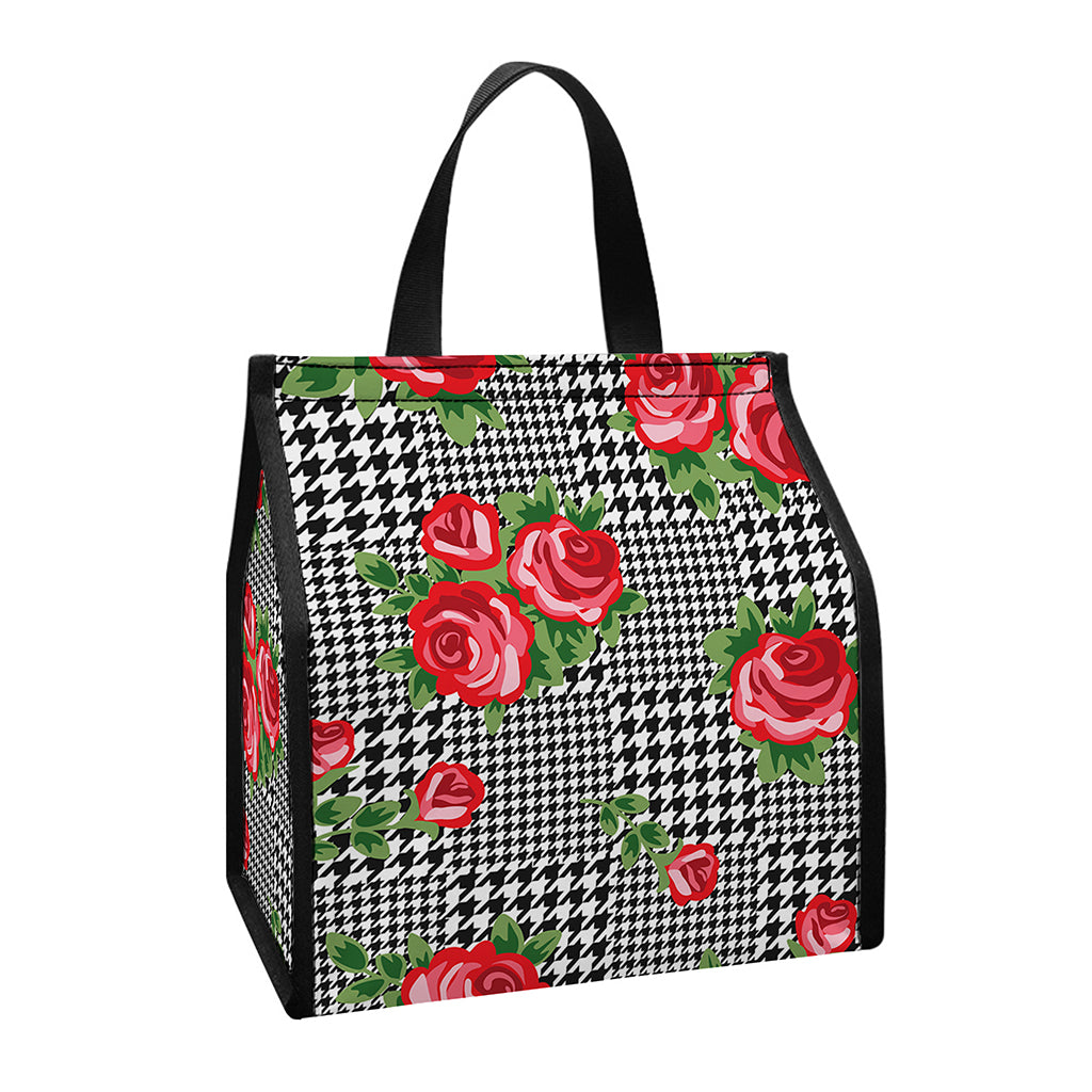 Red Roses Houndstooth Pattern Print Insulated Lunch Tote