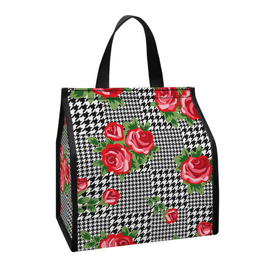 Red Roses Houndstooth Pattern Print Insulated Lunch Tote