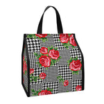Red Roses Houndstooth Pattern Print Insulated Lunch Tote