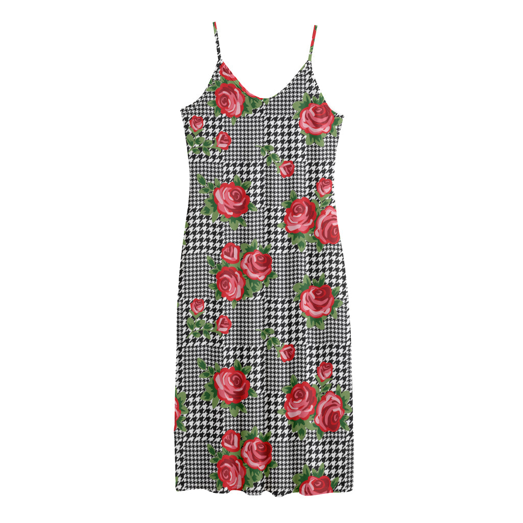 Red Roses Houndstooth Pattern Print Jersey Midi Cami Dress