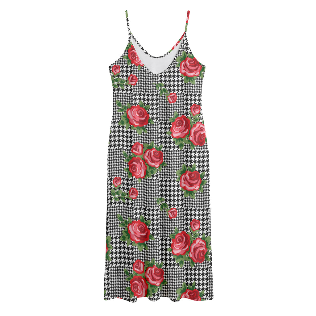 Red Roses Houndstooth Pattern Print Jersey Midi Cami Dress