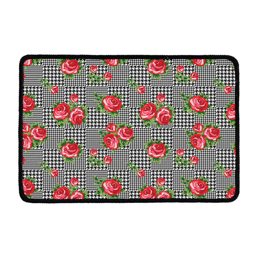 Red Roses Houndstooth Pattern Print Kitchen Mat