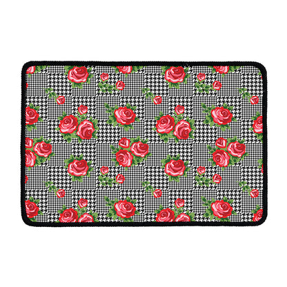 Red Roses Houndstooth Pattern Print Kitchen Mat
