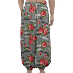 Red Roses Houndstooth Pattern Print Lantern Pants