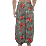 Red Roses Houndstooth Pattern Print Lantern Pants