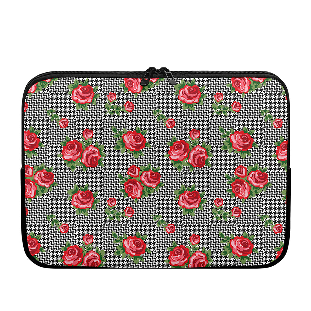 Red Roses Houndstooth Pattern Print Laptop Sleeve