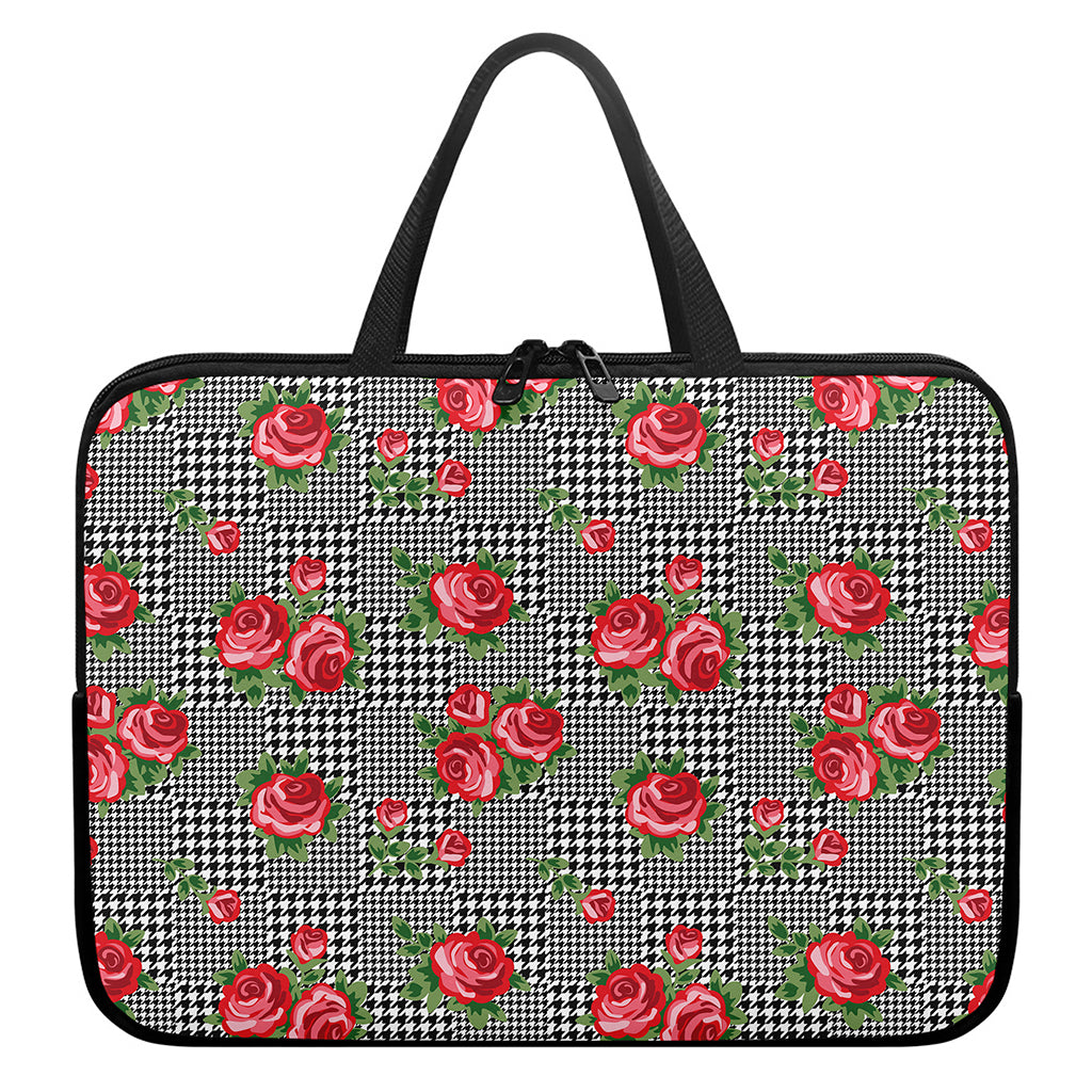 Red Roses Houndstooth Pattern Print Laptop Sleeve With Handle