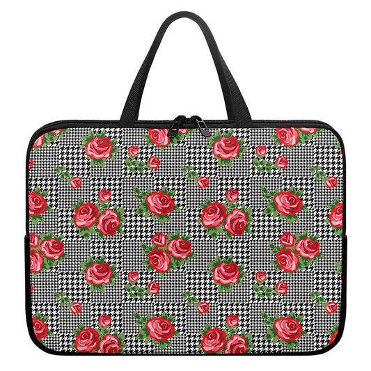 Red Roses Houndstooth Pattern Print Laptop Sleeve With Handle