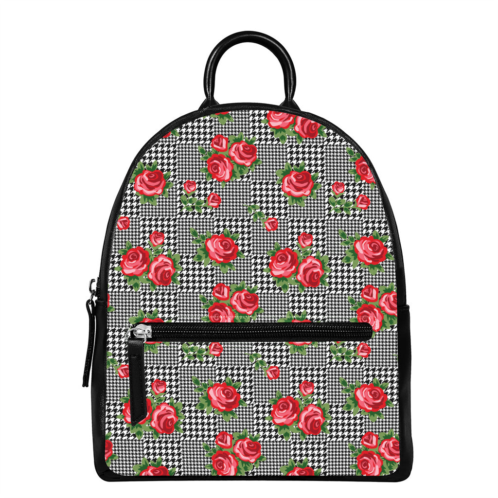 Red Roses Houndstooth Pattern Print Leather Backpack