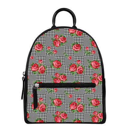 Red Roses Houndstooth Pattern Print Leather Backpack