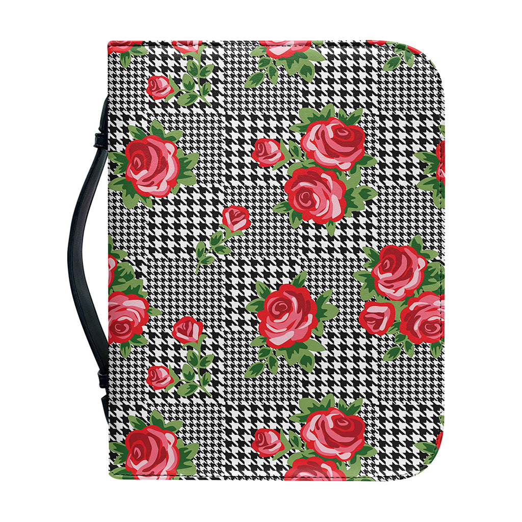 Red Roses Houndstooth Pattern Print Leather Bible Cover