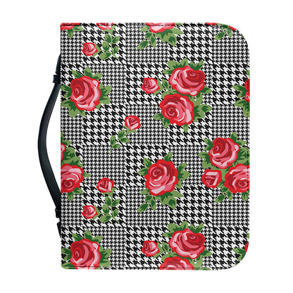Red Roses Houndstooth Pattern Print Leather Bible Cover