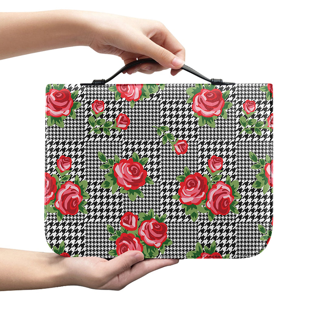 Red Roses Houndstooth Pattern Print Leather Bible Cover