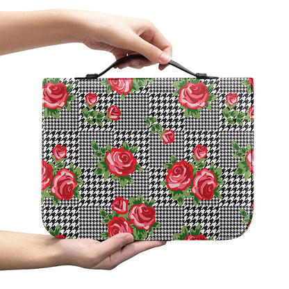 Red Roses Houndstooth Pattern Print Leather Bible Cover