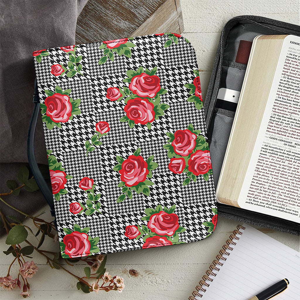 Red Roses Houndstooth Pattern Print Leather Bible Cover