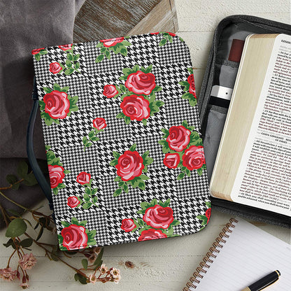 Red Roses Houndstooth Pattern Print Leather Bible Cover