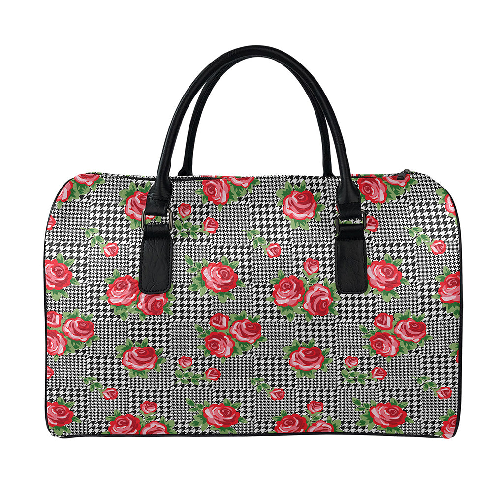 Red Roses Houndstooth Pattern Print Leather Duffle Bag