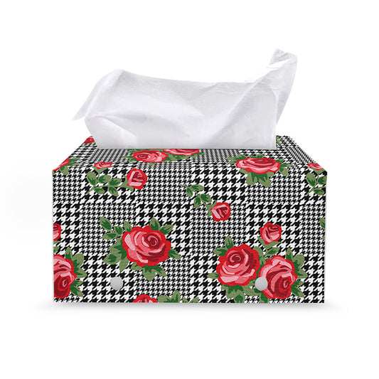 Red Roses Houndstooth Pattern Print Leather Tissue Box Cover