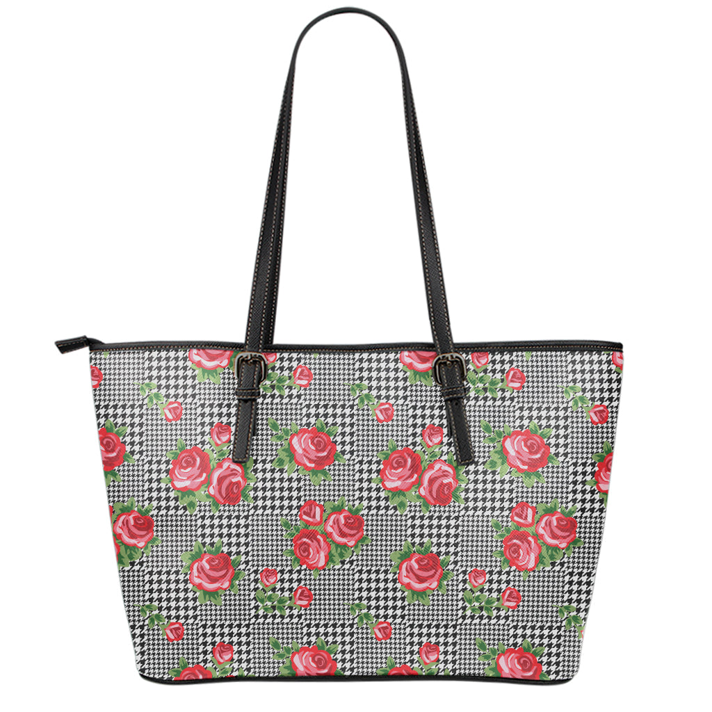 Red Roses Houndstooth Pattern Print Leather Tote Bag
