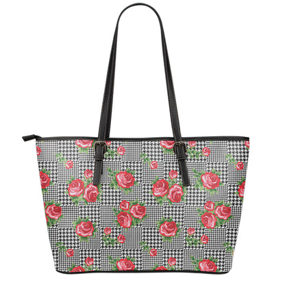 Red Roses Houndstooth Pattern Print Leather Tote Bag