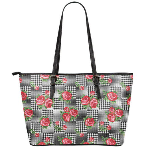 Red Roses Houndstooth Pattern Print Leather Tote Bag