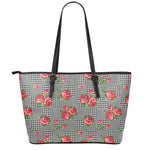 Red Roses Houndstooth Pattern Print Leather Tote Bag