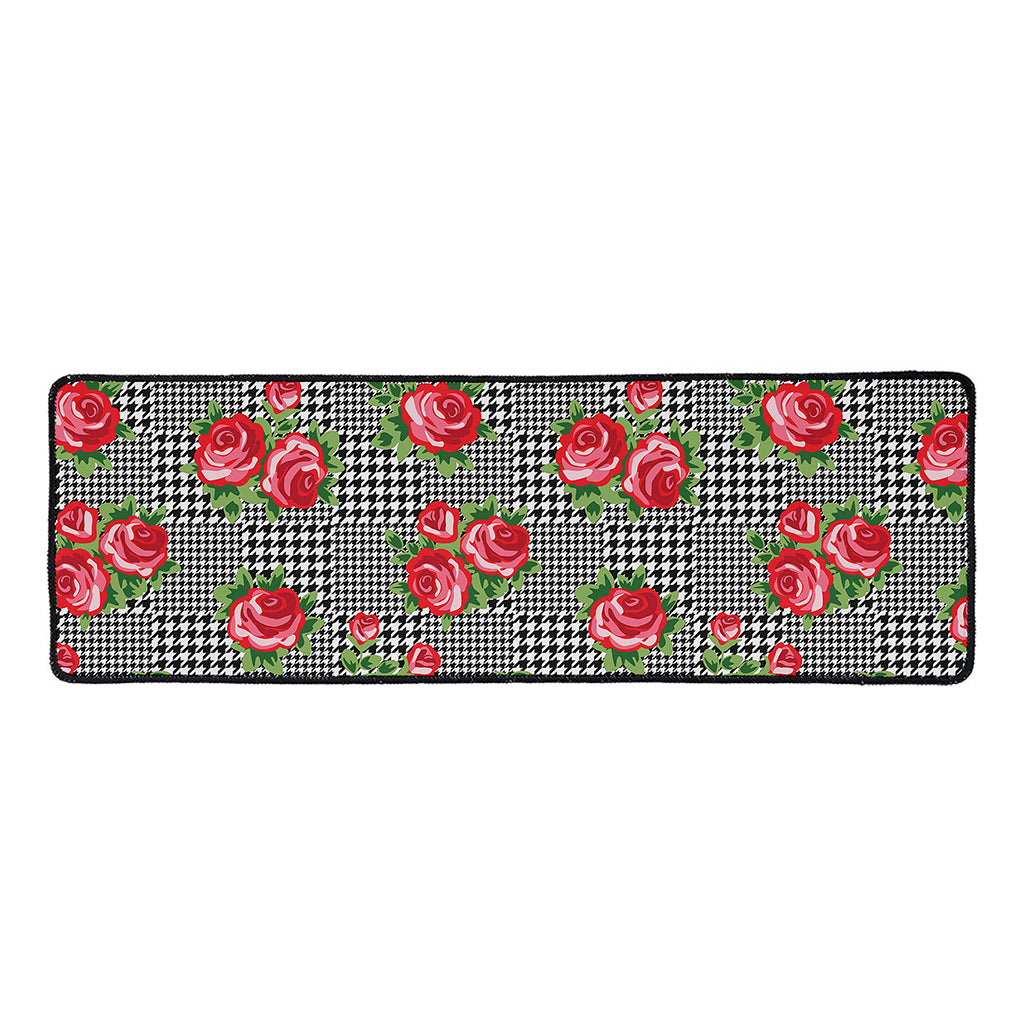 Red Roses Houndstooth Pattern Print Long Kitchen Mat