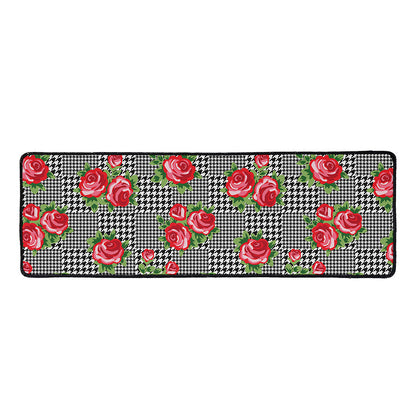 Red Roses Houndstooth Pattern Print Long Kitchen Mat