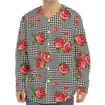 Red Roses Houndstooth Pattern Print Long Sleeve Baseball Jersey