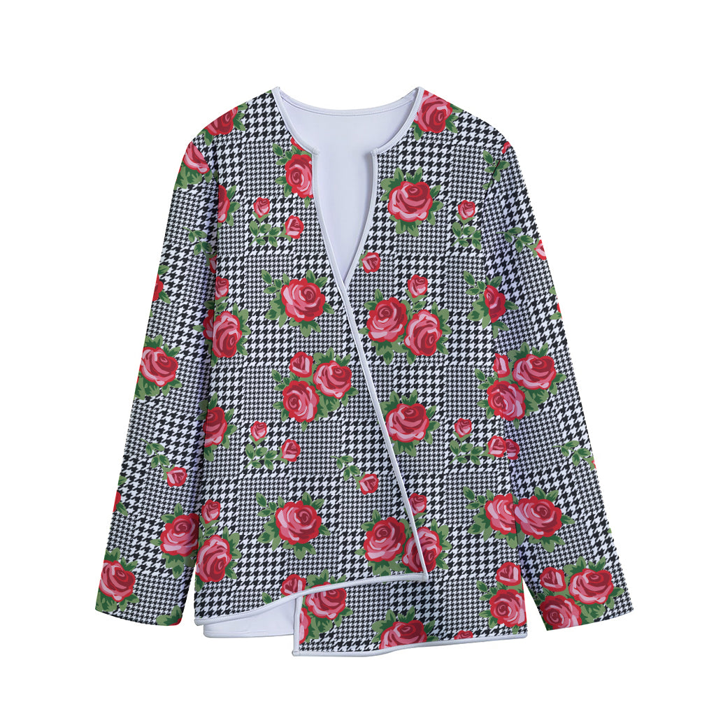 Red Roses Houndstooth Pattern Print Long Sleeve Short Coat