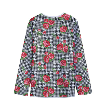 Red Roses Houndstooth Pattern Print Long Sleeve Short Coat