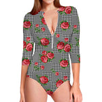 Red Roses Houndstooth Pattern Print Long Sleeve Swimsuit