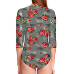 Red Roses Houndstooth Pattern Print Long Sleeve Swimsuit