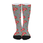 Red Roses Houndstooth Pattern Print Long Socks